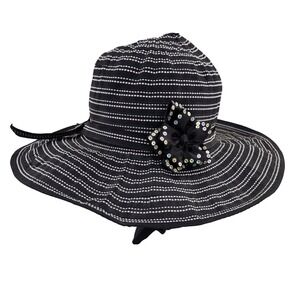 Scala Collezione Sun Hat Black White Striped Sequin Bow Wide Brim Womens‎